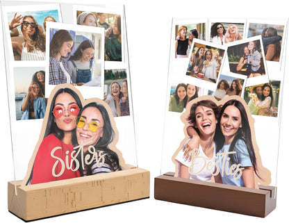 Personalized Besties or Sisters Acrylic Photo Collage Gift with Custom Text & 4–9 Photos – Custom LED or Wood Base Display for Birthday, Friendship, Christmas, Galentine’s Day, Room Decor