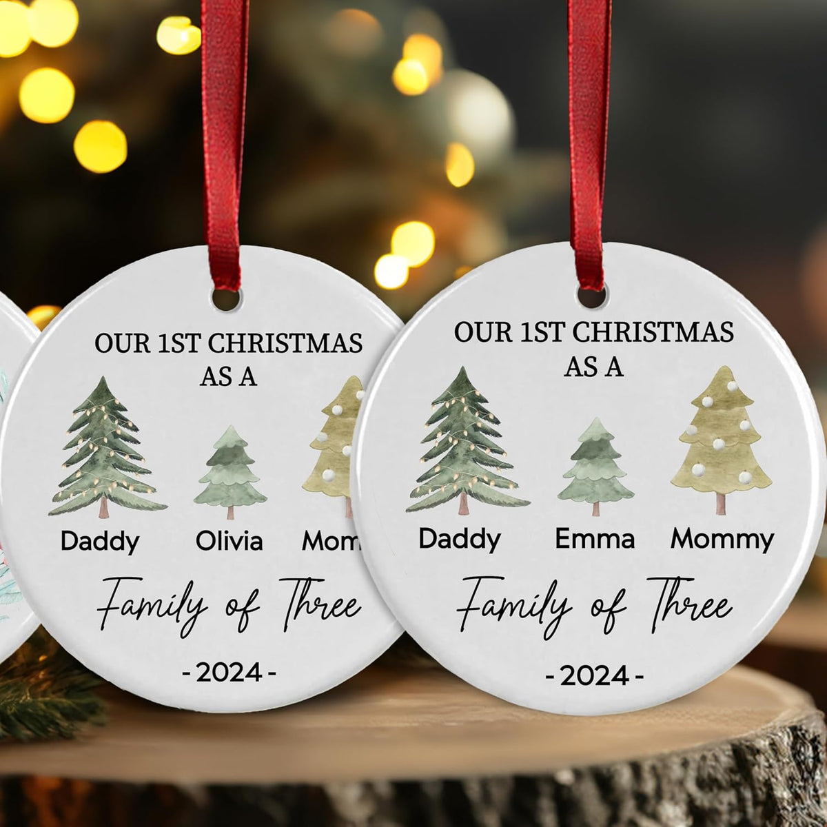 Custom 2025 Ceramic Ornaments - Personalized Monogrammed Name & Pine Tree Decorations - Holiday Keepsake with Year for Family of Three, Our First for Mommy & Daddy