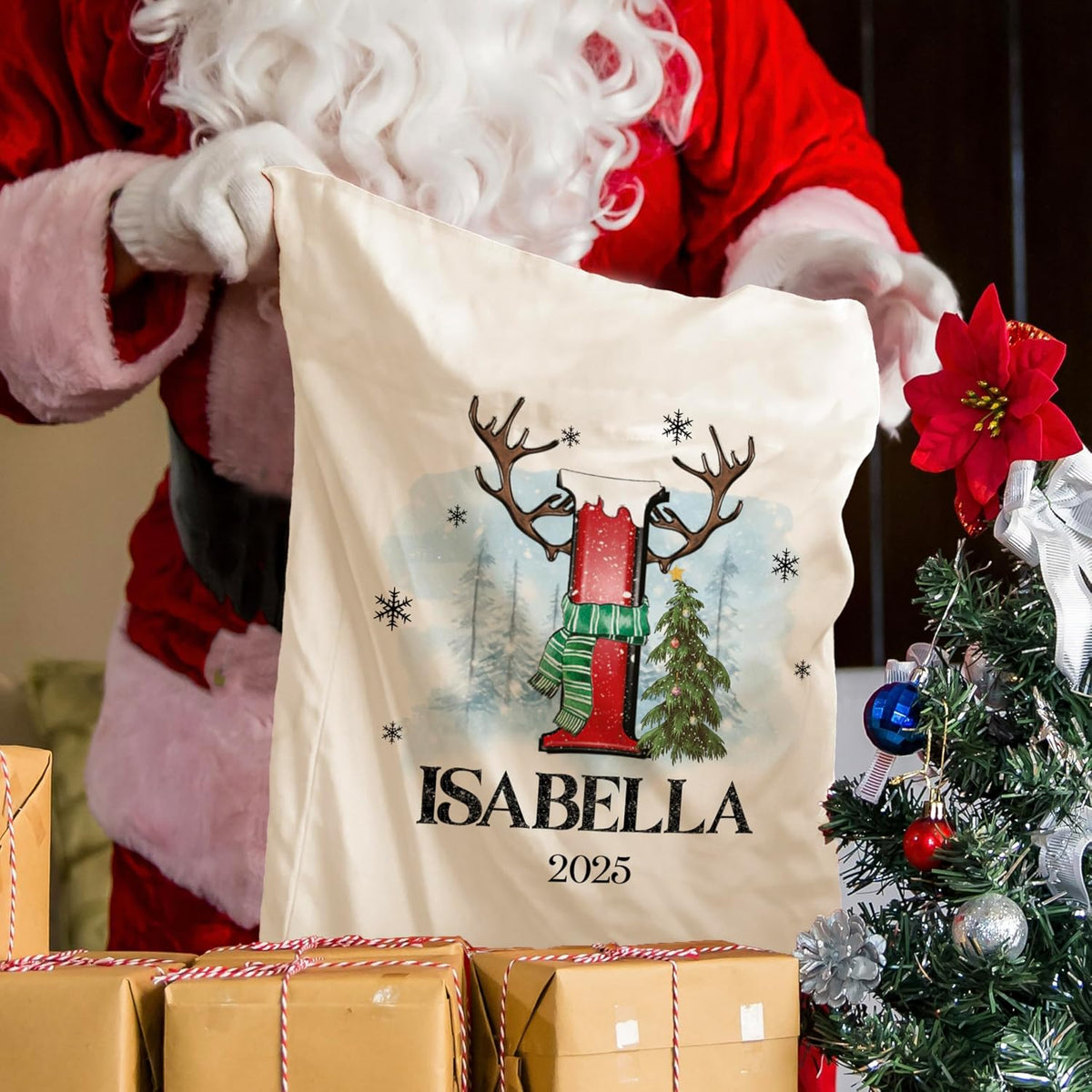 Zexpa Apparel Personalized Christmas Santa Sack, Custom Name & Initial Gift Bag with Reindeer Antlers and Snow Design, Large 24x16 Drawstring Present Bag for Kids, Adults, Family Holiday Decoration