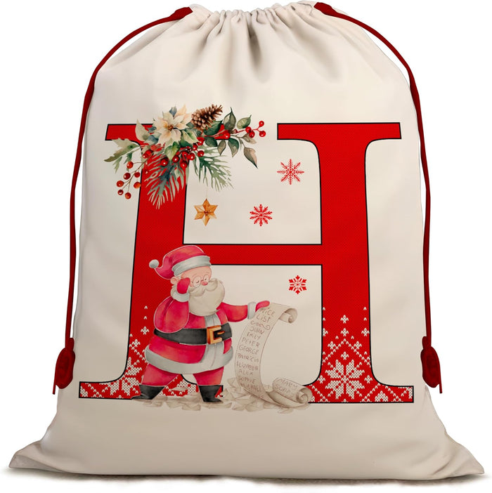 Christmas Gift Santa Sack with Monogram Initials - Holiday Present Bag for Family, Mom & Dad - Pouch for Special Occasions (H)