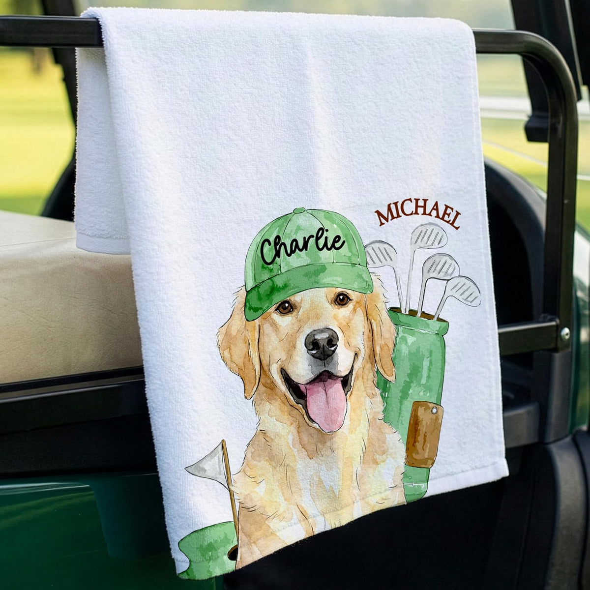 Custom Golf Towel with Photo, Personalized Pet Golf Towel for Men, Dog or Cat Portrait with Name, Funny Golf Bag Accessory Gift for Golfers, Father’s Day Birthday