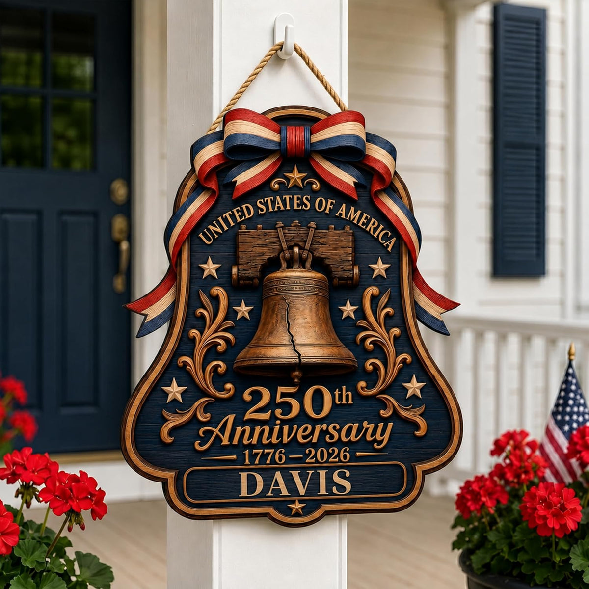Personalized Eagle Patriotic Door Sign for Front Door, Custom Family Name America 250th Anniversary Wooden Door Hanger, USA 1776-2026 Independence Day 4th of July Wall Decor