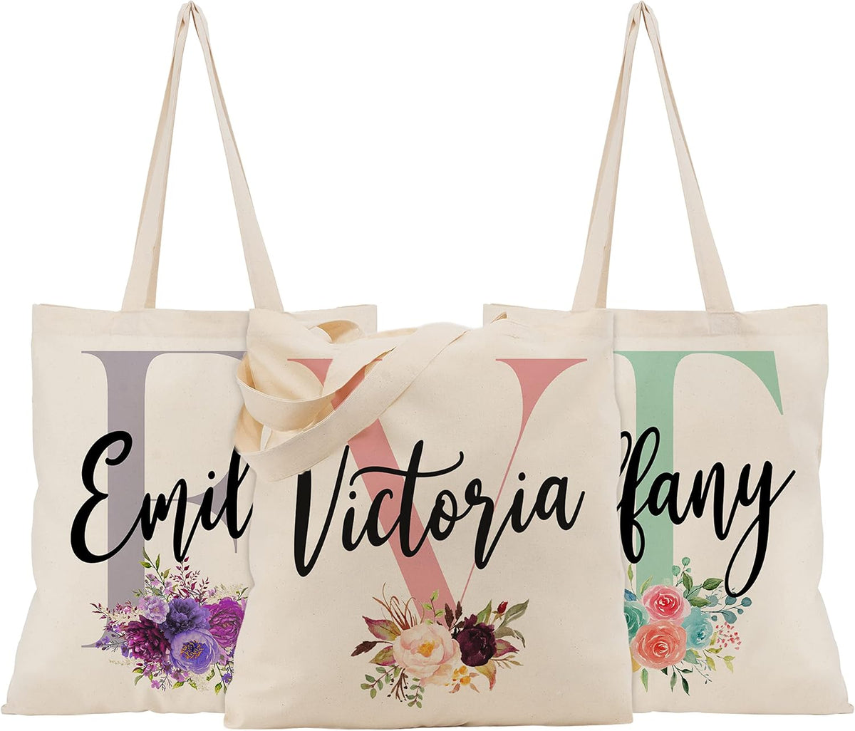 Personalized Bridesmaid Tote Bag with Initial and Name, Custom Floral Gift