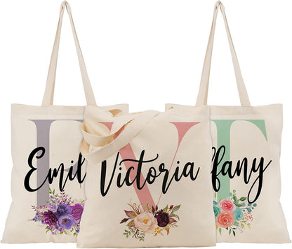 Personalized Bridesmaid Tote Bag with Initial and Name, Custom Floral Gift