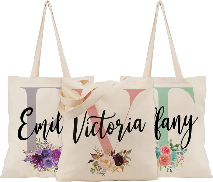 Personalized Bridesmaid Tote Bag with Initial and Name, Custom Floral Gift