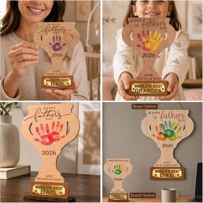 Personalized Handprint Father’s Day Trophy Sign, DIY Kids Handprint Plaque Gift for Dad Grandpa Papa