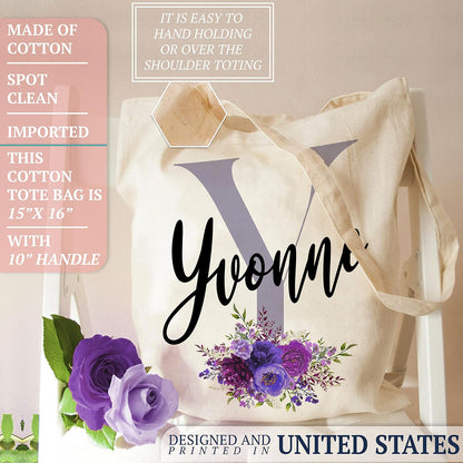 Personalized Bridesmaid Tote Bag with Initial and Name, Custom Floral Gift