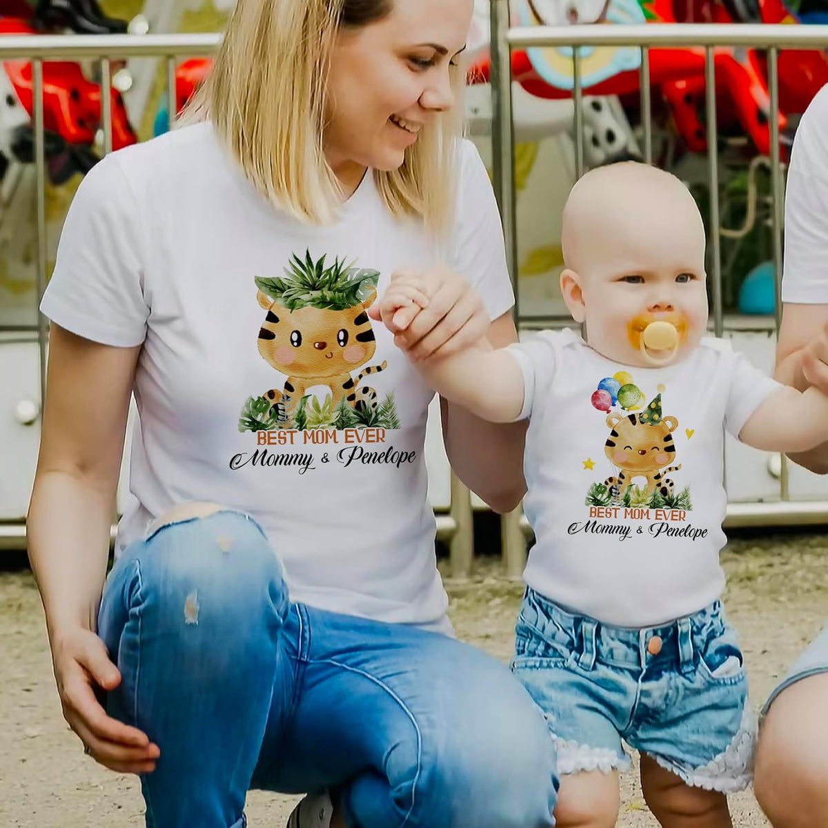 Custom Our First Mother’s Day Matching Shirt Set – 2025 Baby Bodysuit and Mom T-Shirt with Cute Animal Design – Mommy and Me Gift Idea for New Mom, Baby Shower, Mother's Day Outfit Black