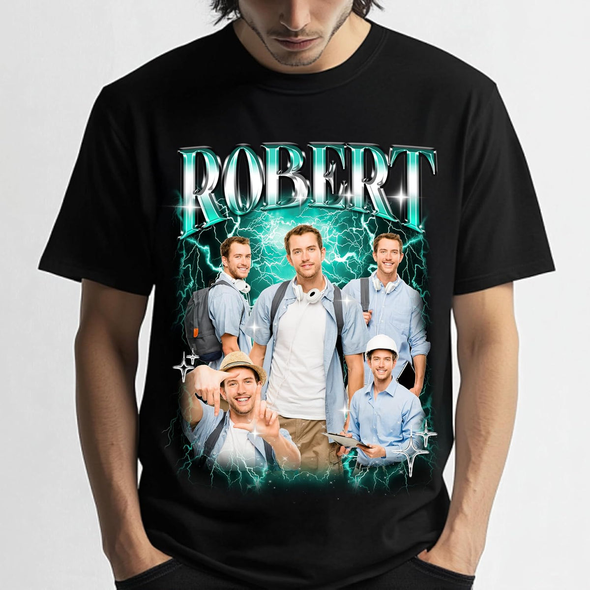 Personalized Bootleg Style Name T-Shirt with Custom Photo Collage – Funny Retro Graphic Tee with Your Name Text – Unique Gift for Birthday, Graduation, Teacher Appreciation or Everyday Style