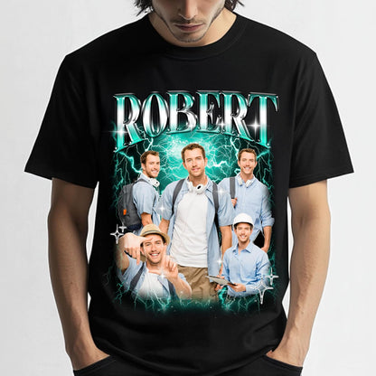 Personalized Bootleg Style Name T-Shirt with Custom Photo Collage – Funny Retro Graphic Tee with Your Name Text – Unique Gift for Birthday, Graduation, Teacher Appreciation or Everyday Style