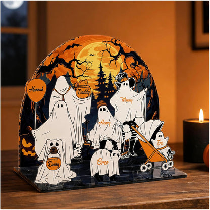 Personalized Halloween Ghost Family Acrylic Sign - Custom Name Spooky Decor for Mom Dad Kids Pets - Add Names & Choose Icons - Cute Haunted Scene Table Display for Fall Home Decoration Gift