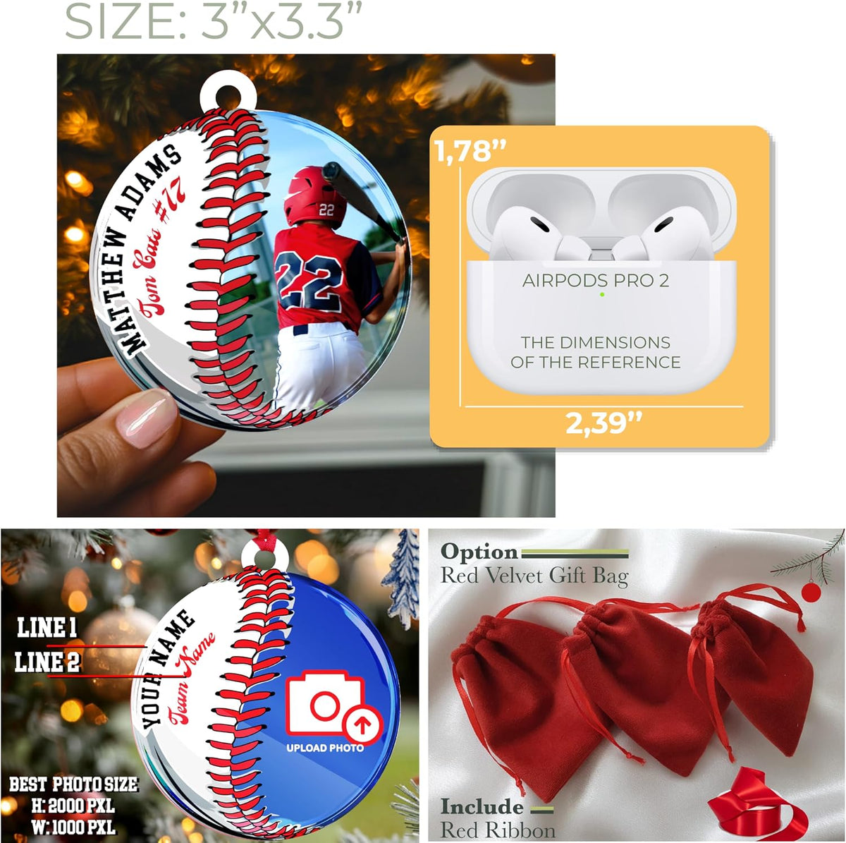 Personalized Baseball Christmas Ornament – Custom Photo & Name Sports Ornament for Kids, Players, Fans – Unique Xmas Tree Decoration & Gift Idea for Baseball Lovers, Boys, Girls, Teams & Coaches