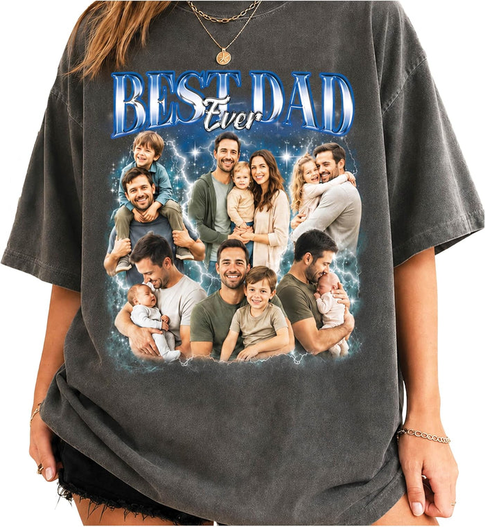 Personalized Best Dad Ever Bootleg Rap Tee – Custom Photo Shirt for Dad, Father's Day 2026 Gift from Daughter Son, Comfort Colors Vintage Graphic T-Shirt with Pictures, Birthday Gift for Him
