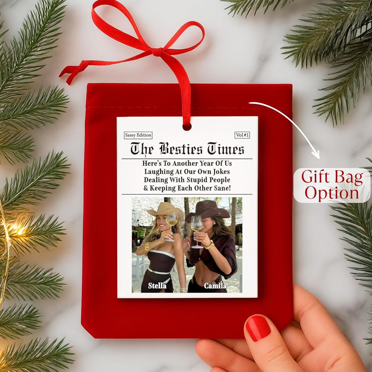 Funny Personalized Newspaper Ornament – Custom Photo Christmas Keepsake for Best Friends, Sisters, Girls – Unique with Names & Year – Friendship Acrylic Decoration for Tree or Room Decor