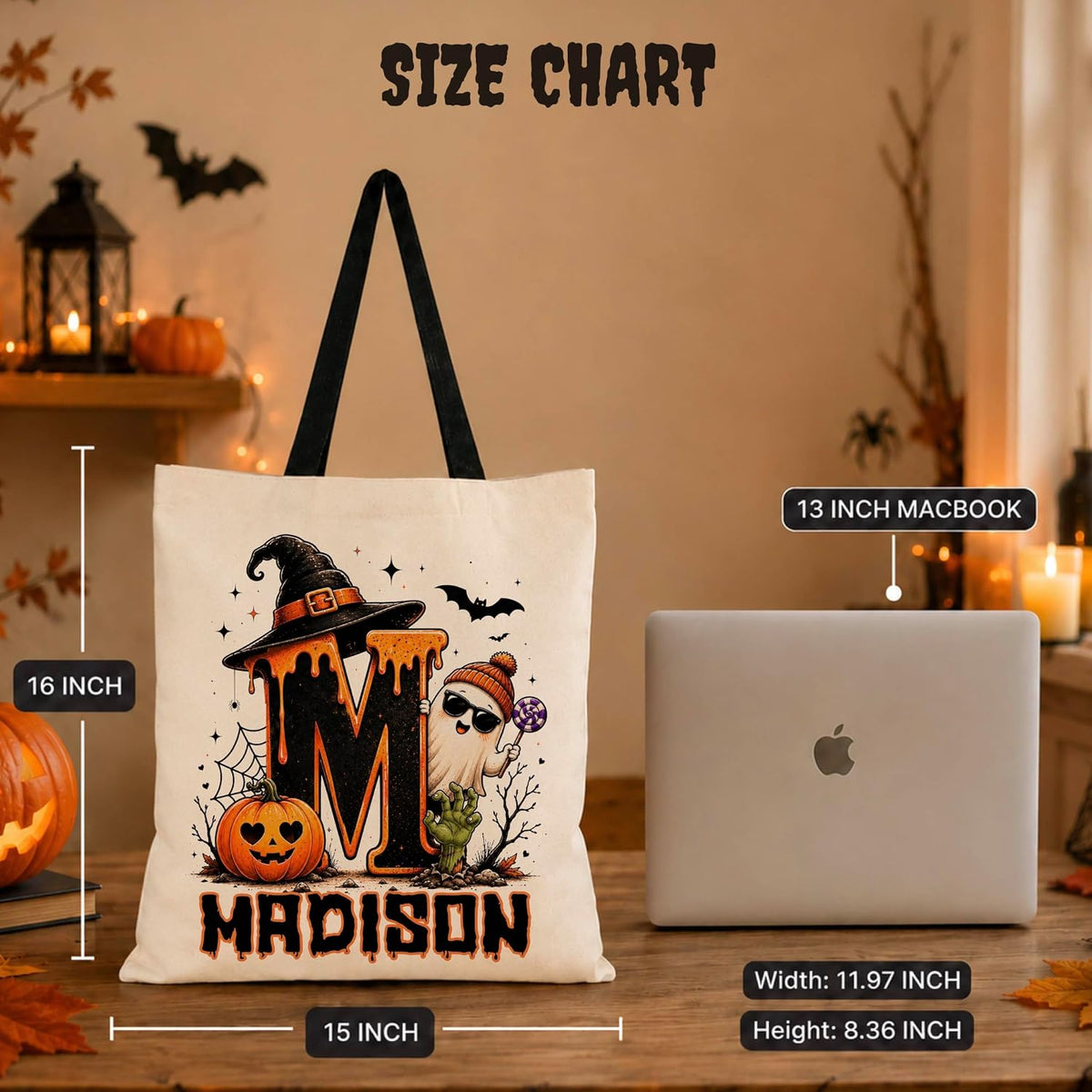 Personalized Halloween Tote Bag with Name, Custom Trick or Treat Gift