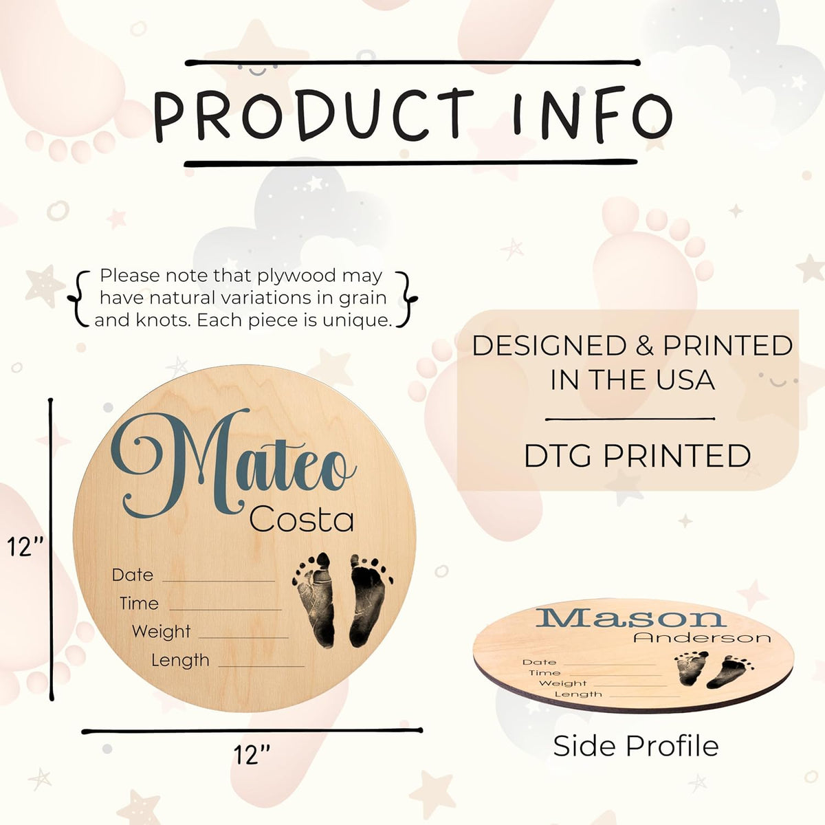 Personalized Baby Name Birth Stats Sign - Custom Wooden Round Keepsake for Newborn with First Footprint Design - Add First Middle Last Name, Date, Time, Weight, Length - Baby Gifts