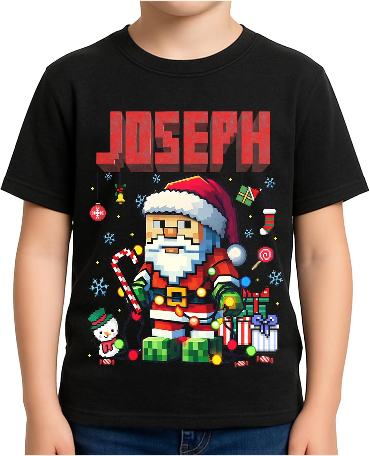 Personalized Santa Christmas T-Shirt for Kids & Toddlers - Custom Name Pixel Art Holiday Shirt - Unisex Cotton Tee for Boys & Girls - Cute Xmas Gift for Family, Grandkids, Occasion Wear Black