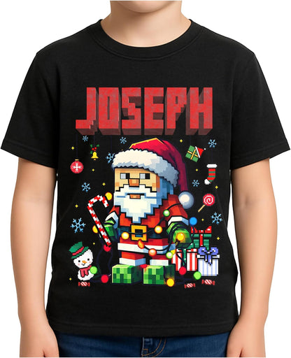 Personalized Santa Christmas T-Shirt for Kids & Toddlers - Custom Name Pixel Art Holiday Shirt - Unisex Cotton Tee for Boys & Girls - Cute Xmas Gift for Family, Grandkids, Occasion Wear Black