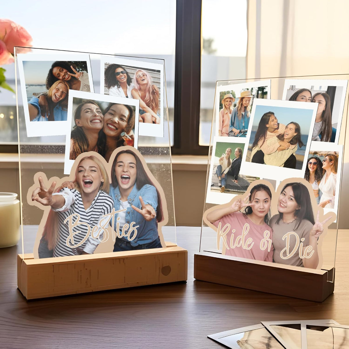 Personalized Besties or Sisters Acrylic Photo Collage Gift with Custom Text & 4–9 Photos – Custom LED or Wood Base Display for Birthday, Friendship, Christmas, Galentine’s Day, Room Decor