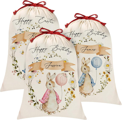 Personalized Bunny-Themed Gift Bags for Easter & Birthdays – Customizable Textile Pouches for Kids – Perfect for Party Favors, Gift Wrapping, and Special Occasions - Unique and Adorable Designs