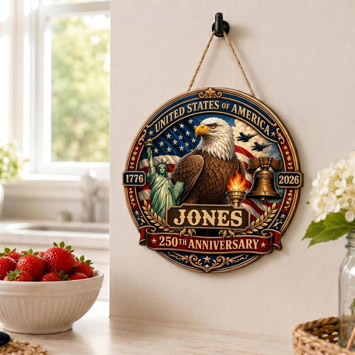 Personalized Eagle Patriotic Door Sign for Front Door, Custom Family Name America 250th Anniversary Wooden Door Hanger, USA 1776-2026 Independence Day 4th of July Wall Decor