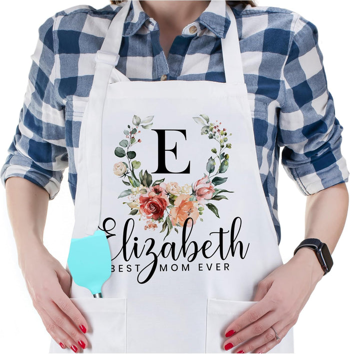 Personalized Floral Apron with Name, Custom Monogram Kitchen Gift for Women