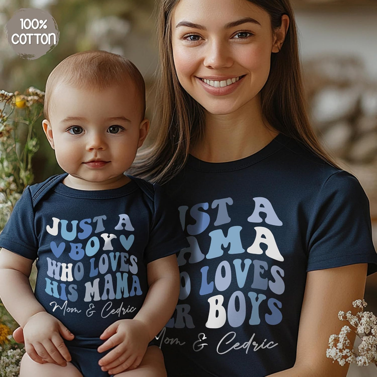 Personalized Matching Mommy and Baby Shirt Set – Mother and Child Outfit – Custom Name Cotton T-Shirt & Bodysuit – Gift for Mom – Mother’s Day, Baby Shower, Family Photo Outfit Blue