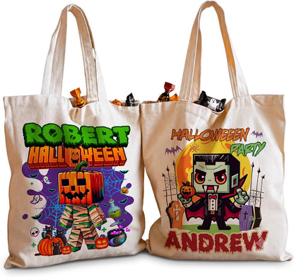 Zexpa Apparel Halloween Candy Treat Bags - Custom Trick Or Treat Goodie Totes for Kids - Funny Spooky, Pumpkin, Witch Themed Reusable Tote – Personalized Unique Halloween Decorations for Boys & Girls