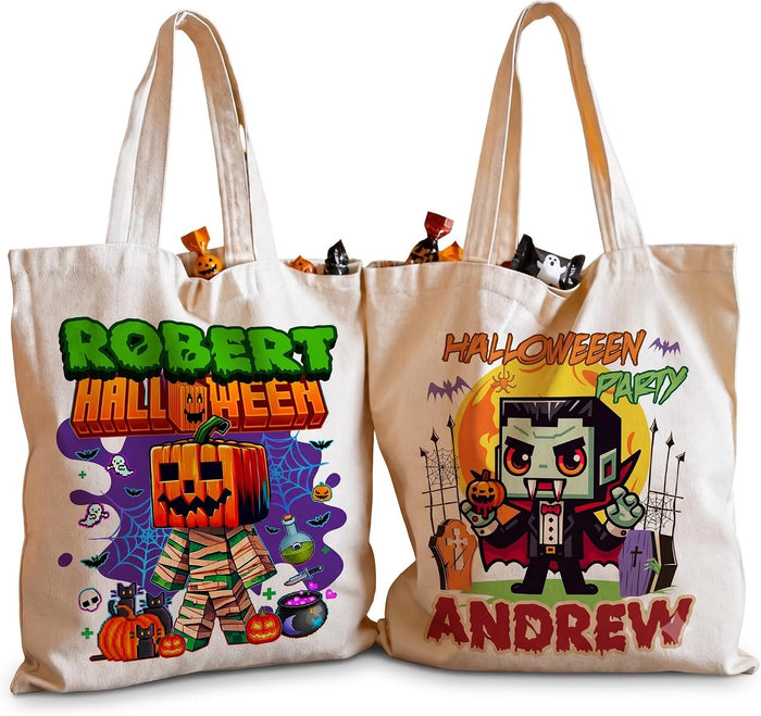 Halloween Candy Treat Bags - Custom Trick Or Treat Goodie Totes for Kids - Funny Spooky, Pumpkin, Witch Themed Reusable Tote – Personalized Unique Halloween Decorations for Boys & Girls