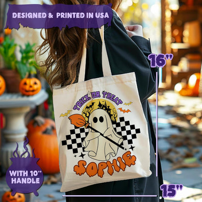 Personalized Halloween Canvas Tote Bag with Name, Custom Pumpkin Ghost Gift