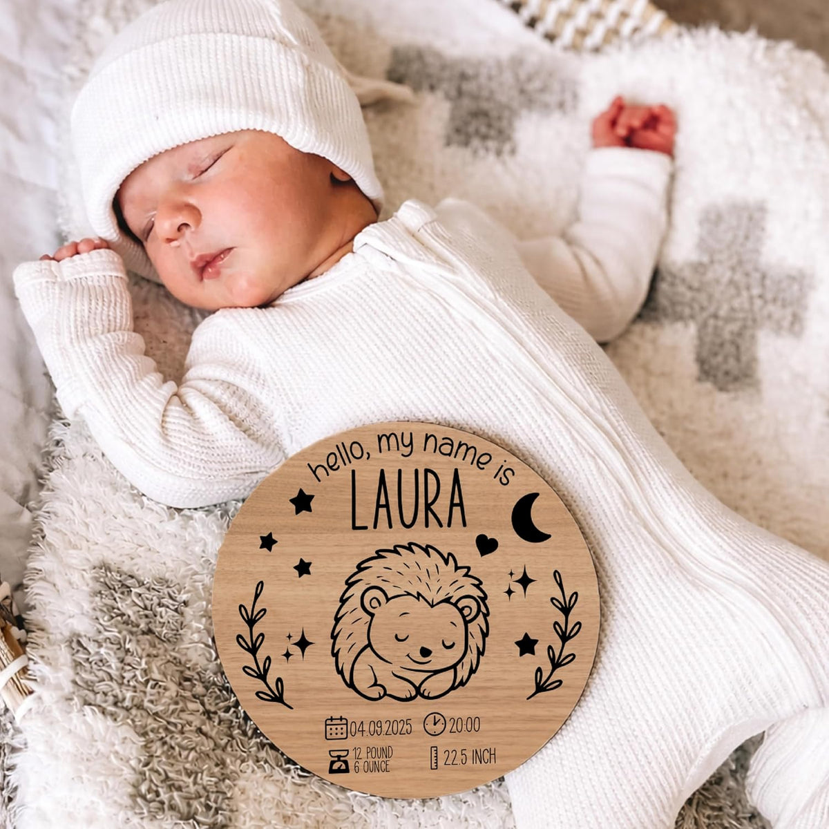 Personalized Baby Birth Announcement Wood Sign with Name Date Time Weight Height – Custom Nursery Name Plaque for Newborn Boy or Girl – Baby Shower New Parents Keepsake Gift