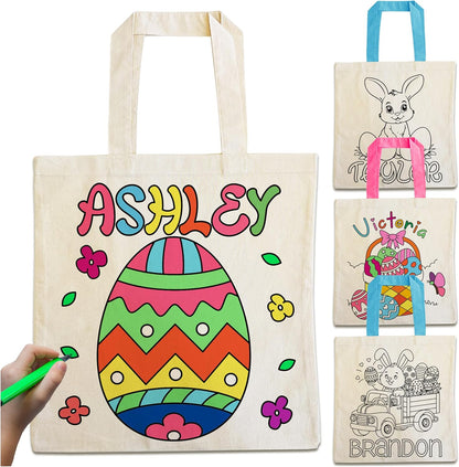 Custom DIY Easter Tote Bag for Kids and Treat Party - Personalized Reusable Canvas Egg Hunt Basket with Name to Boys, Girls - Customized Colorable Bunny Gift Bags 6 Designs & 3 Handle Color