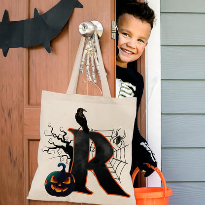 People People Halloween Initial Tote Bags Gifts for Boys Girls - Trick or Treat Letters Pumpkin Goodie Bag