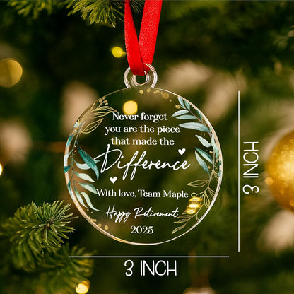 Retirement Ornament Keepsake – Personalized Retirement Gift for Coworker, Boss, Teacher or Nurse – Custom Acrylic Holiday Decoration to Celebrate Years of Service and New Beginnings