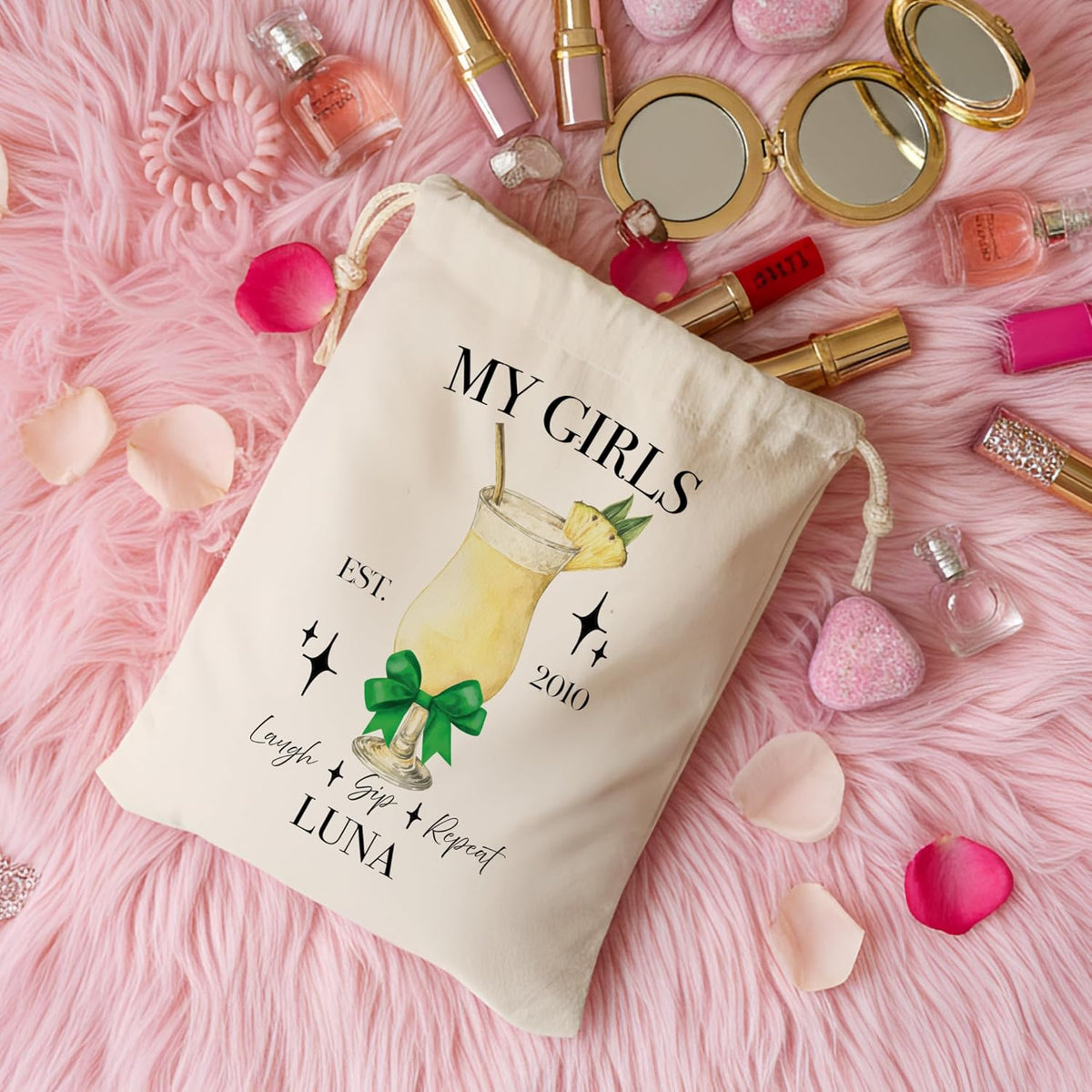 Personalized Cocktail Canvas Drawstring Bag for Girls Night, Galentine’s Day, or Bachelorette – Custom Name Group Pouch with Drink Design, Year & Text – Makeup Gift Bag for Bridesmaids & Friends