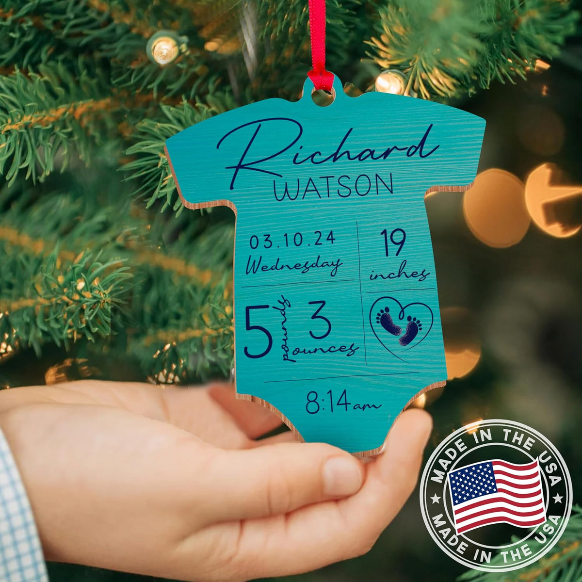 Custom Baby Stats Christmas Tree Decor Ornament, Personalized Babys First Xmas Bodysuit Shape Stocking & Gift Name Tag