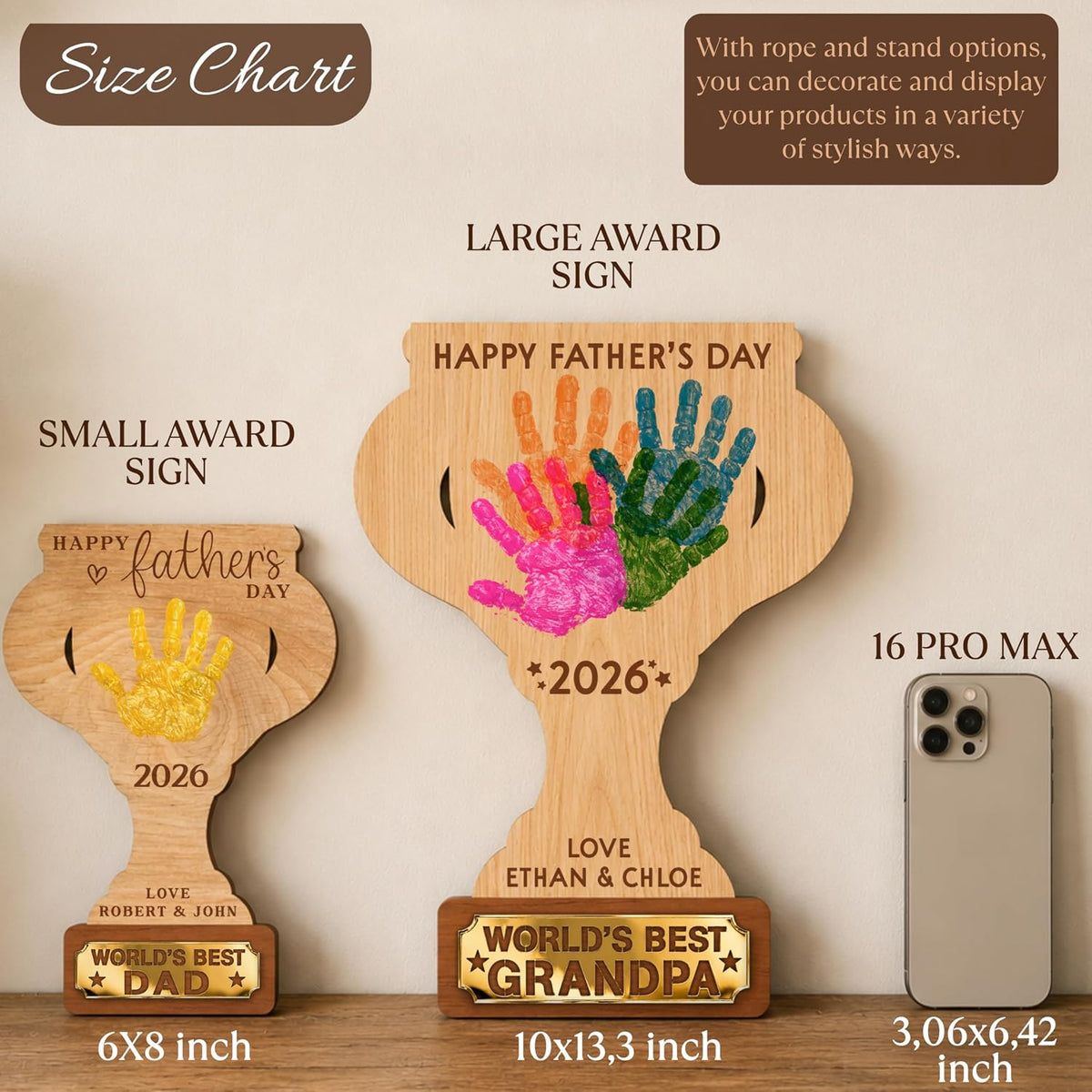 Personalized Hands Down Best Dad Sign, DIY Father's Day Handprint Wooden Trophy Plaque Gift from Kids Daughter Son, Best Dad Ever Family Keepsake, First Father's Day Present for New Daddy Papa