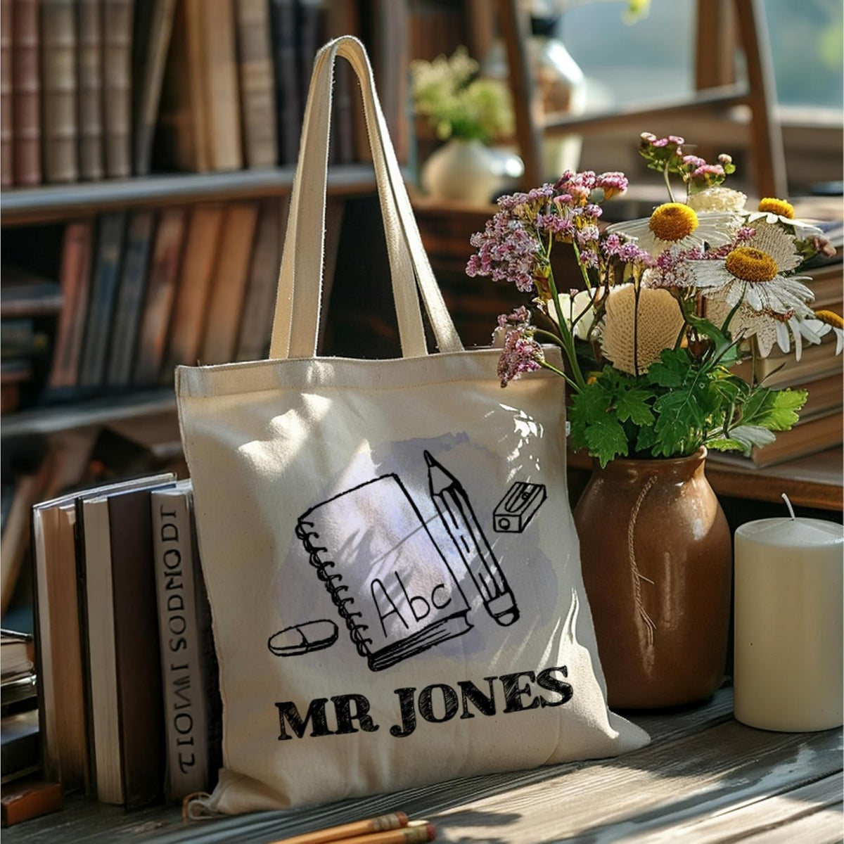Personalized Teacher Canvas Tote Bag with Custom Name – Cute Apple Rainbow Science Math Design – End of Year Gift for Women Men – Christmas Birthday Mother’s Day Appreciation Bag