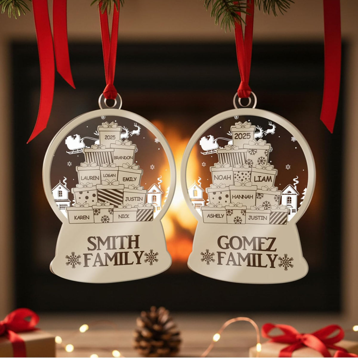 Personalized Family Ornament - Custom Snow Globe with Names on Presents - Acrylic Xmas Tree Decoration for Family, Friends, Kids - Add Up to 10 Names & Year - Holiday Keepsake