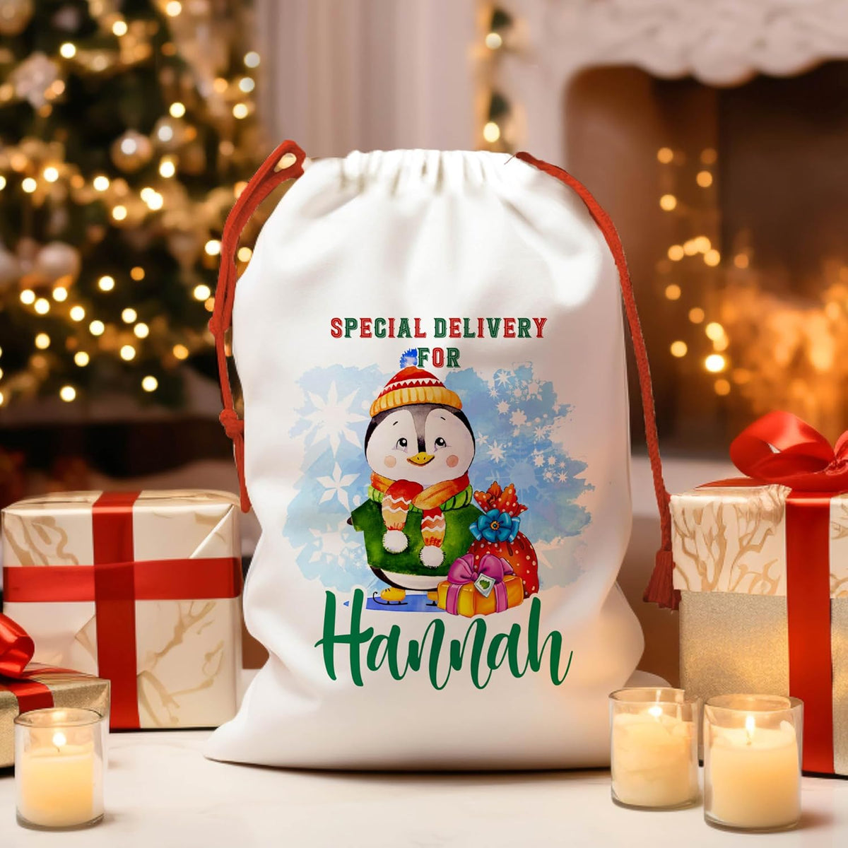 Personalized Christmas Santa Sack with Names, Custom Drawstring Gift Pouch