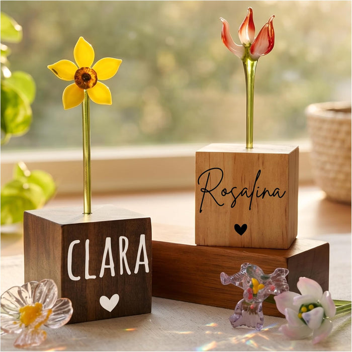Personalized for Mom - Custom Hand Blown Glass Flower with Name on Wood Base, Birth Month Flower Keepsake, Gift for Grandma Nana New Mom from Daughter Son, Desk Decor