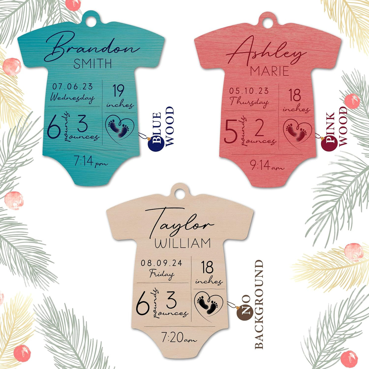 Custom Baby Stats Christmas Tree Decor Ornament, Personalized Babys First Xmas Bodysuit Shape Stocking & Gift Name Tag
