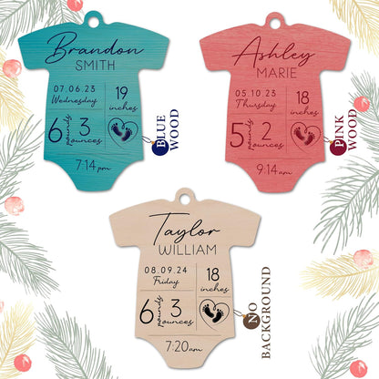 Custom Baby Stats Christmas Tree Decor Ornament, Personalized Babys First Xmas Bodysuit Shape Stocking & Gift Name Tag