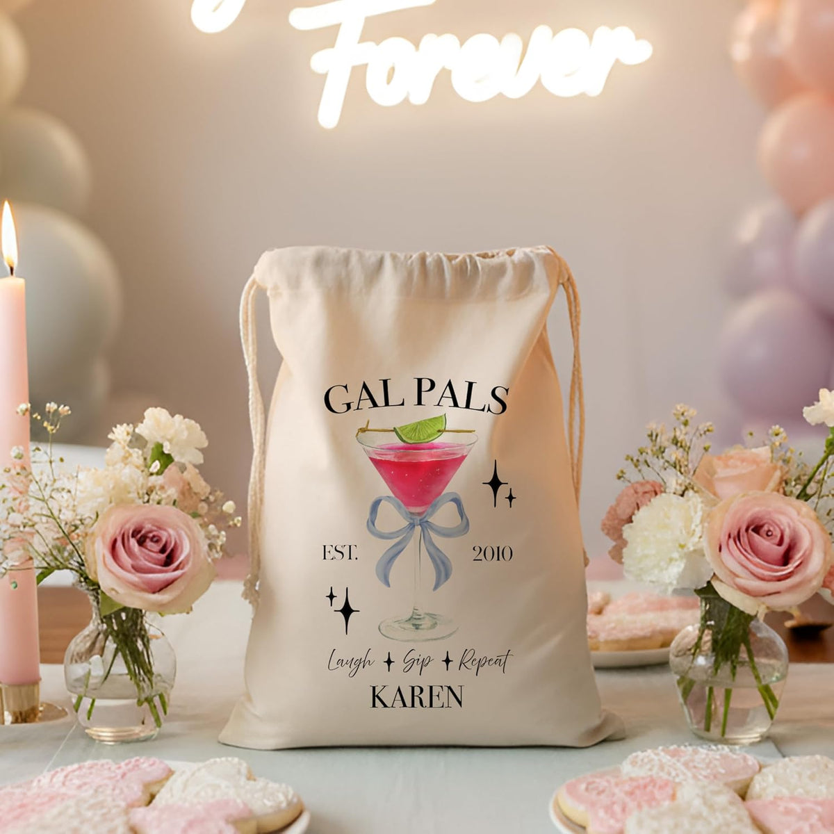 Personalized Cocktail Canvas Drawstring Bag for Girls Night, Galentine’s Day, or Bachelorette – Custom Name Group Pouch with Drink Design, Year & Text – Makeup Gift Bag for Bridesmaids & Friends
