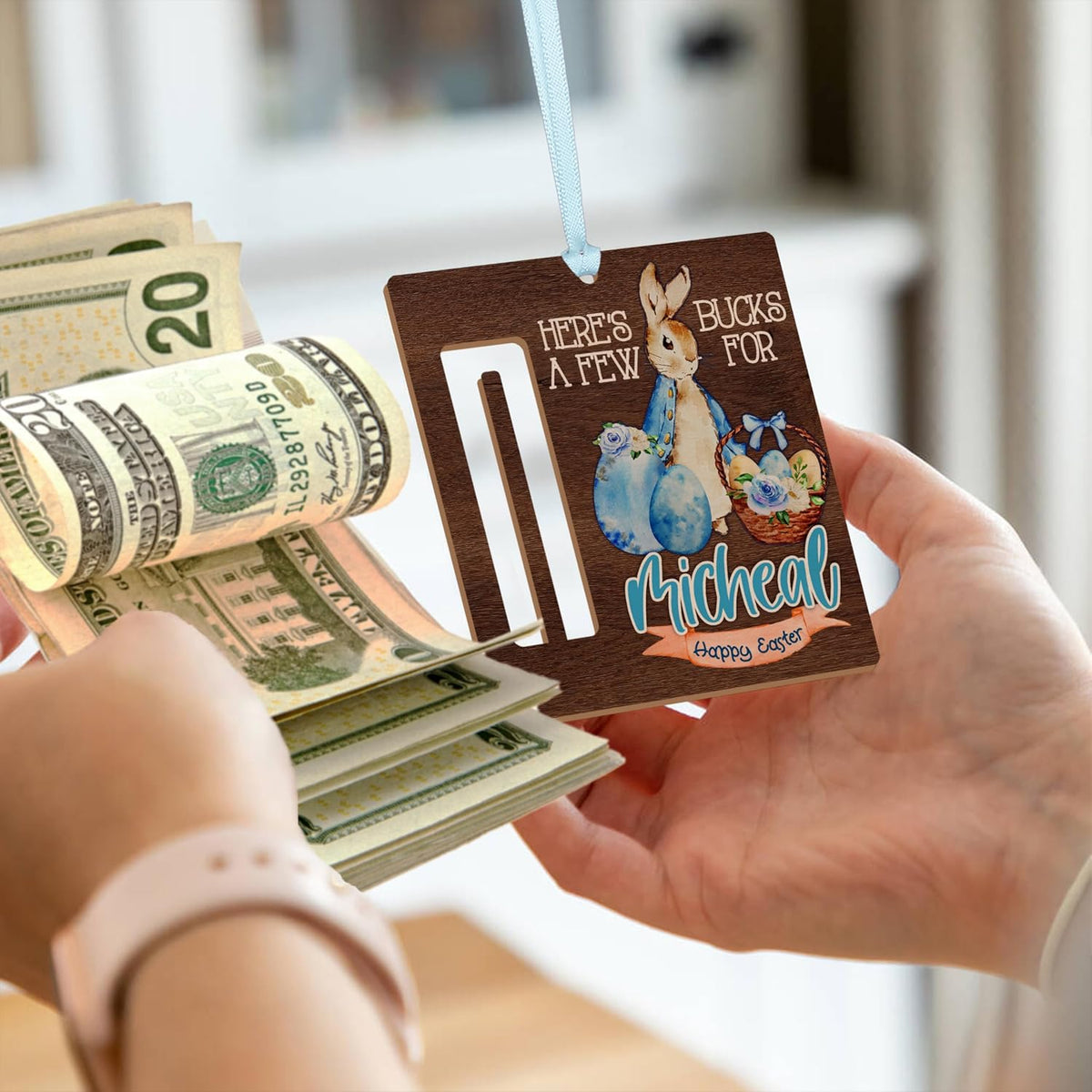 Personalized Easter Money Holder with Name, Custom Wooden Cash Gift