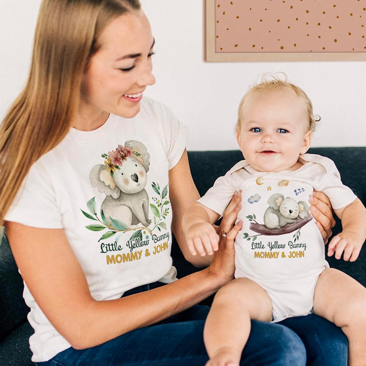 Custom Our First Mother’s Day Matching Shirt Set – 2025 Baby Bodysuit and Mom T-Shirt with Cute Animal Design – Mommy and Me Gift Idea for New Mom, Baby Shower, Mother's Day Outfit Black