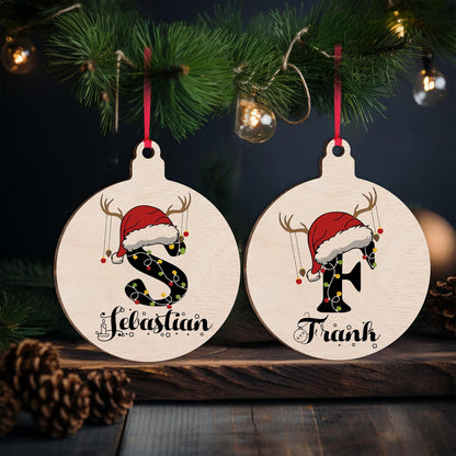 Personalized Christmas Santa Hat Initial Ornament, Customized Wooden Family Name Xmas Tree Decoration, Custom Monogrammed Stocking & Gift Bag Tag