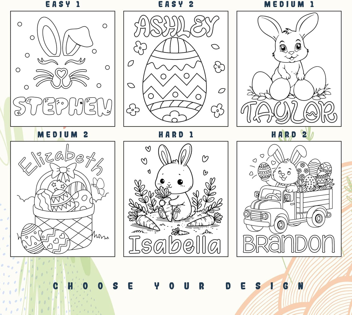 Custom DIY Easter Tote Bag for Kids and Treat Party - Personalized Reusable Canvas Egg Hunt Basket with Name to Boys, Girls - Customized Colorable Bunny Gift Bags 6 Designs & 3 Handle Color
