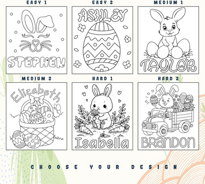 Custom DIY Easter Tote Bag for Kids and Treat Party - Personalized Reusable Canvas Egg Hunt Basket with Name to Boys, Girls - Customized Colorable Bunny Gift Bags 6 Designs & 3 Handle Color