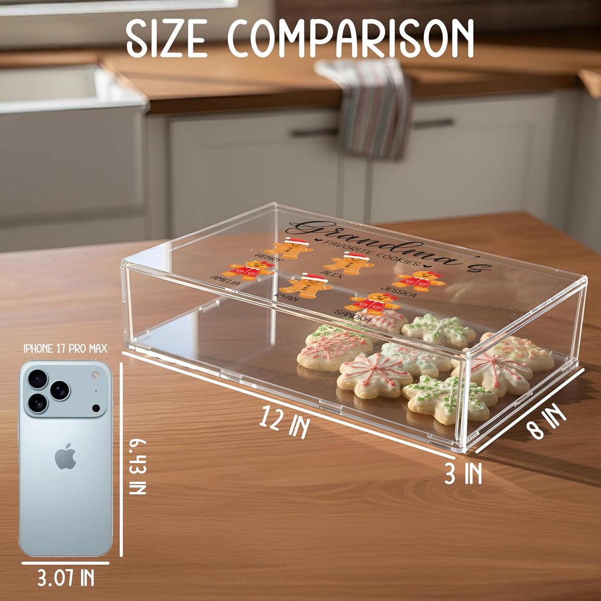 Tailored Moments Goods Personalized Christmas Cookie Box, Custom Acrylic Treat Container with Names & Gingerbread Icons, Grandma’s Favorite Cookies Storage Bin, Holiday Gift for Grandkids & Family